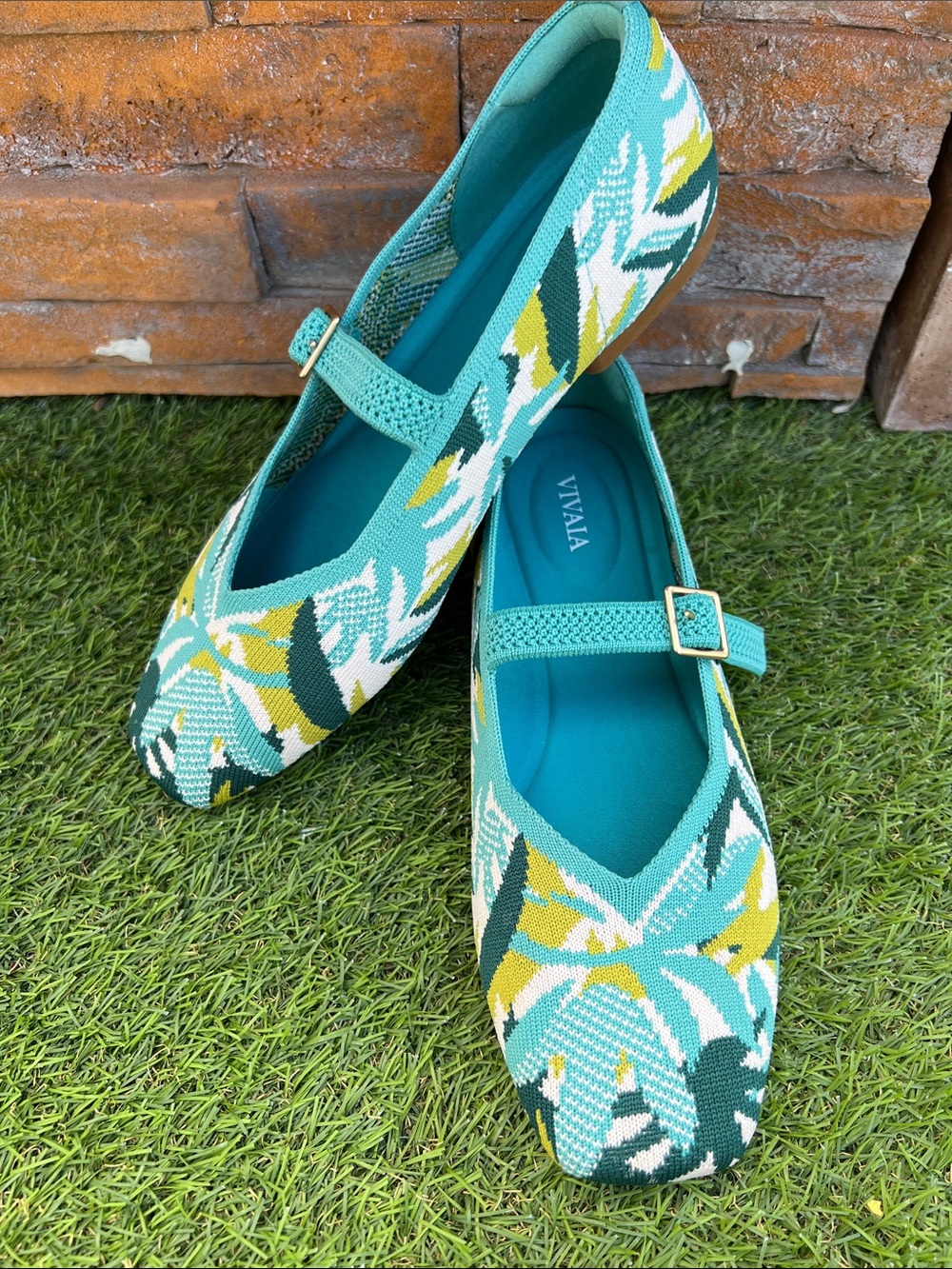 VIVAIA SIZE EU 37 Margot square-toe Mary Jane flats turquoise tropical foliage